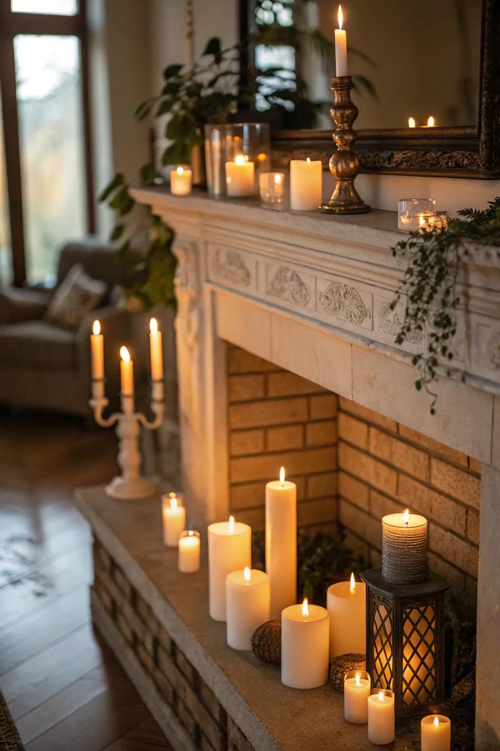 Candles in assorted heights are placed to deepen and enrich the fireplace's appeal.