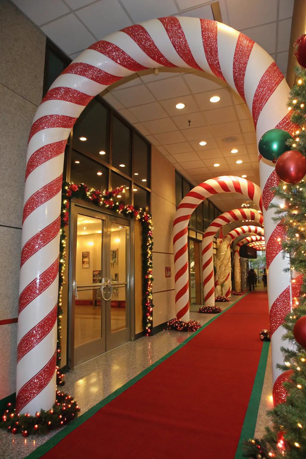 Make a grand entrance with peppermint stick arches.
