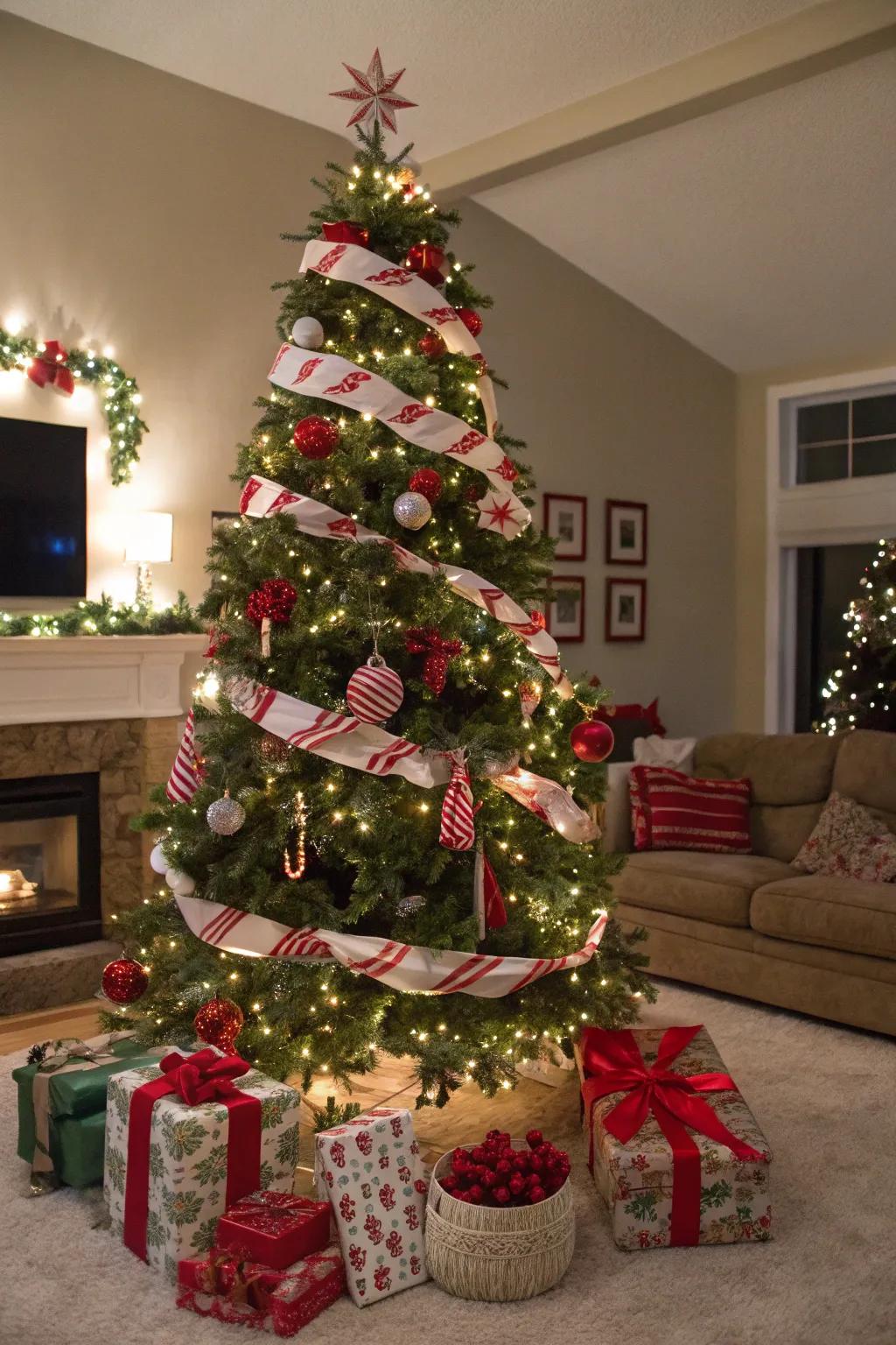 A Christmas tree decorated in traditional candy cane hues.