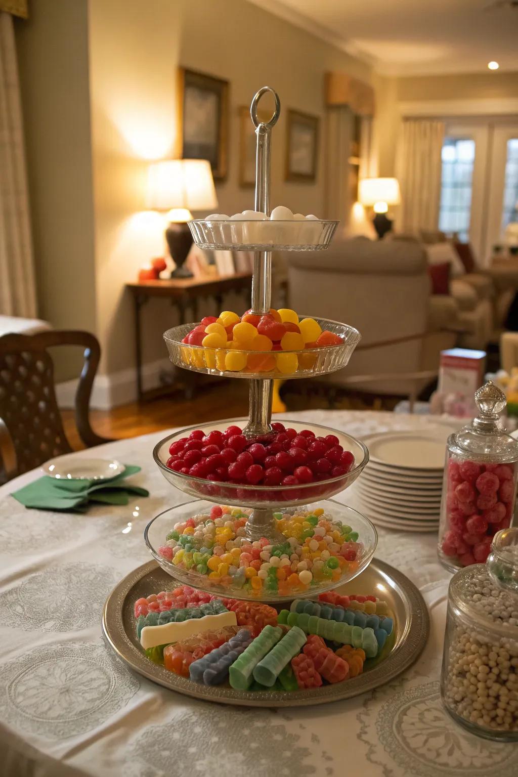 A tiered candy presentation introducing refinement to the setting.