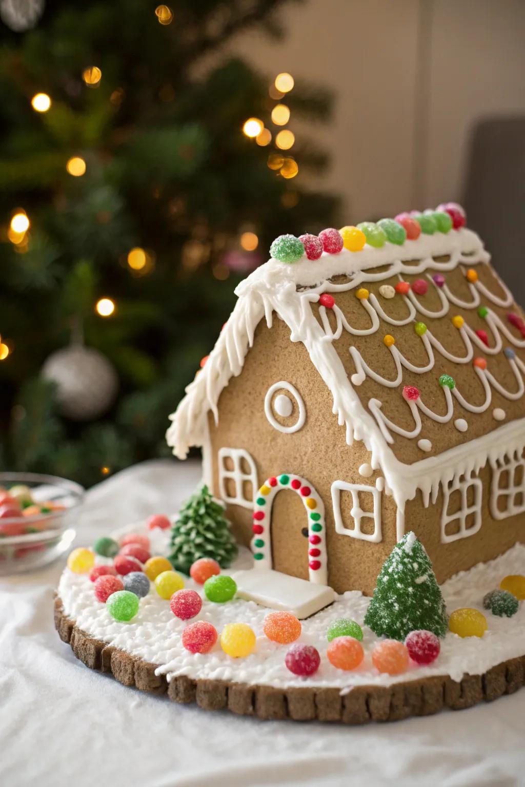 Sugar buttons fashioned into captivating shrubs encircling the gingerbread house.