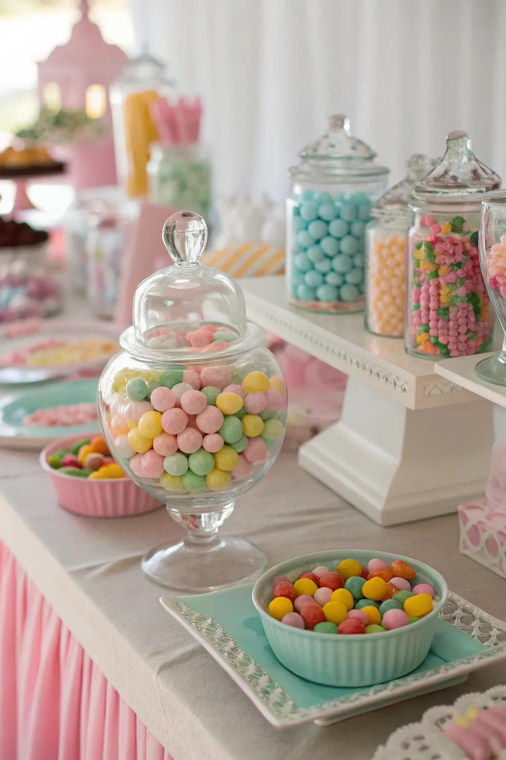 A pastel-themed candy station with colors coordinated to perfection