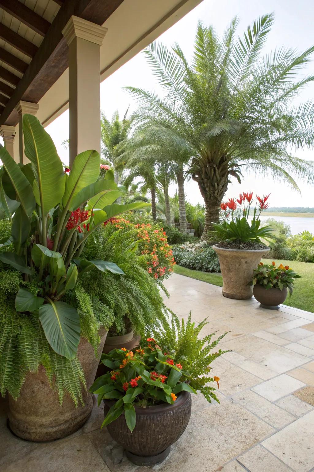 A patio reimagined as a lush tropical escape with ginger blossoms, ferns, and palms.
