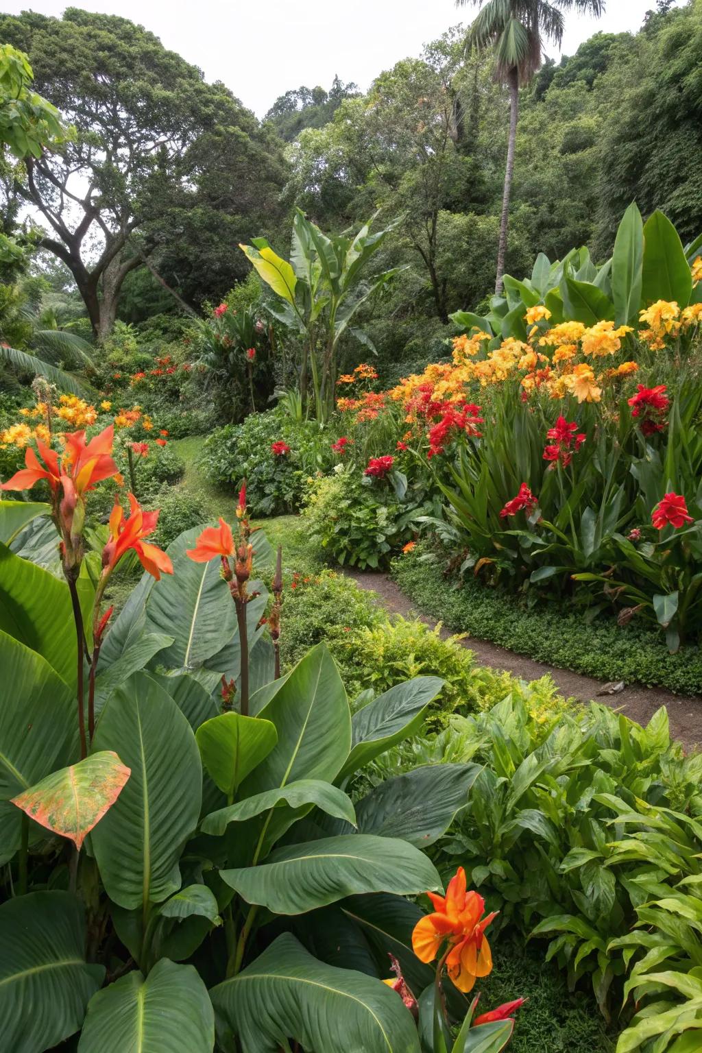 A backyard retreat showcasing tropical foliage, emphasizing canna lilies.