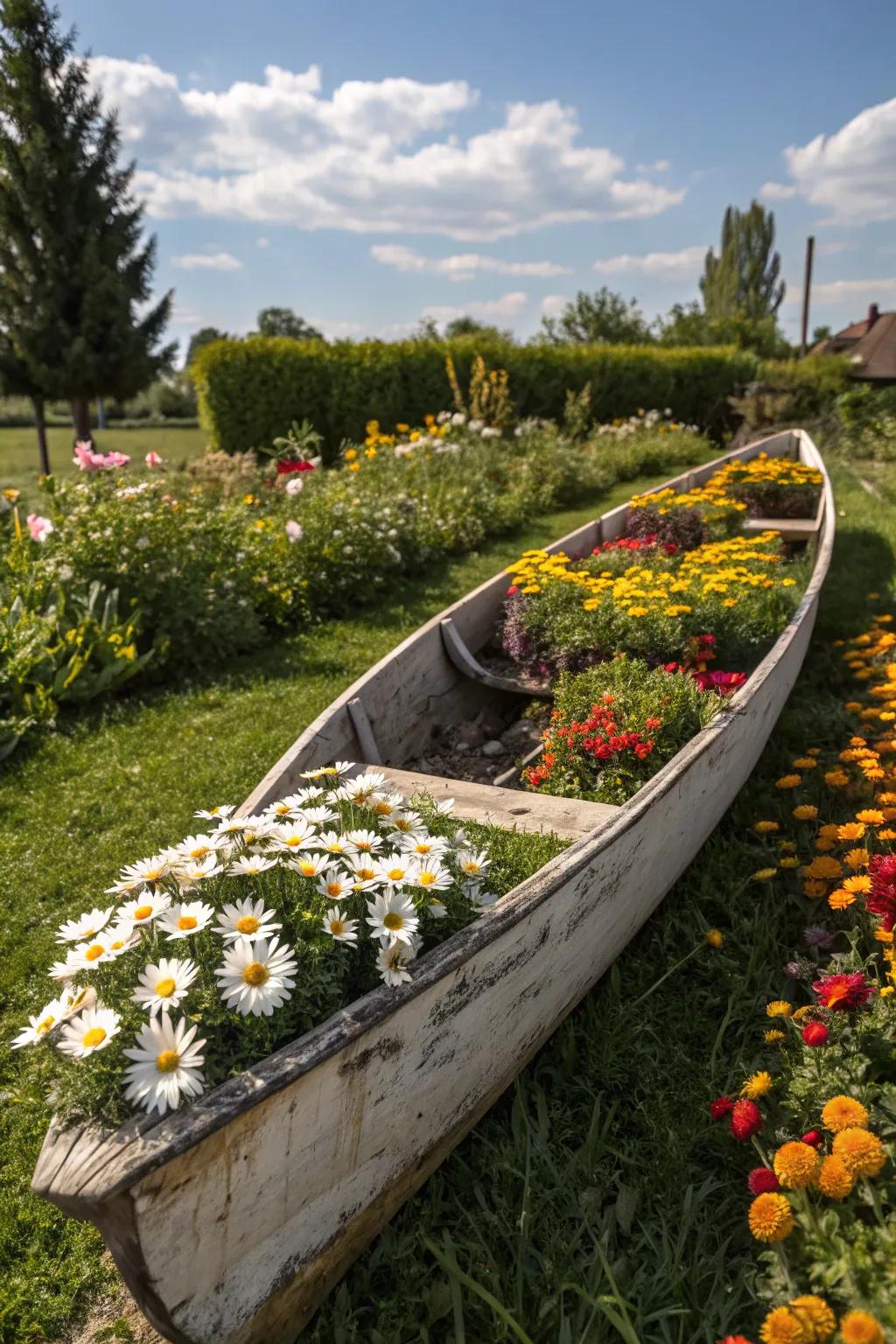 A watercraft planter brimming with vibrant flowers, brightening the garden.