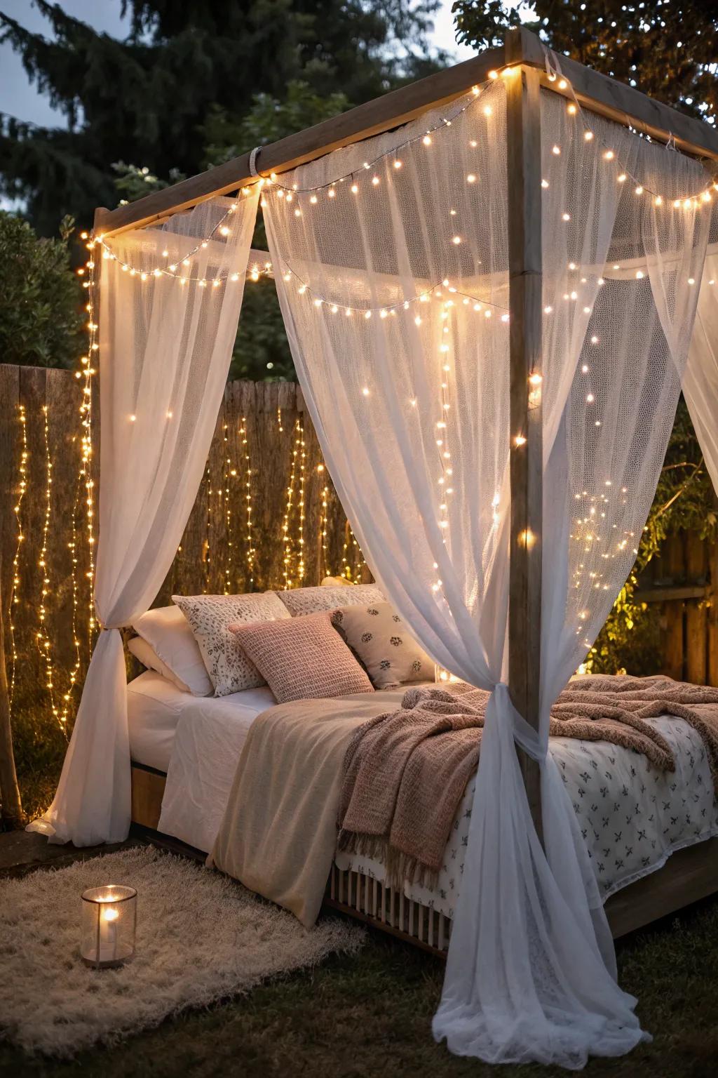 String lights add a magical glow to your canopy bed.