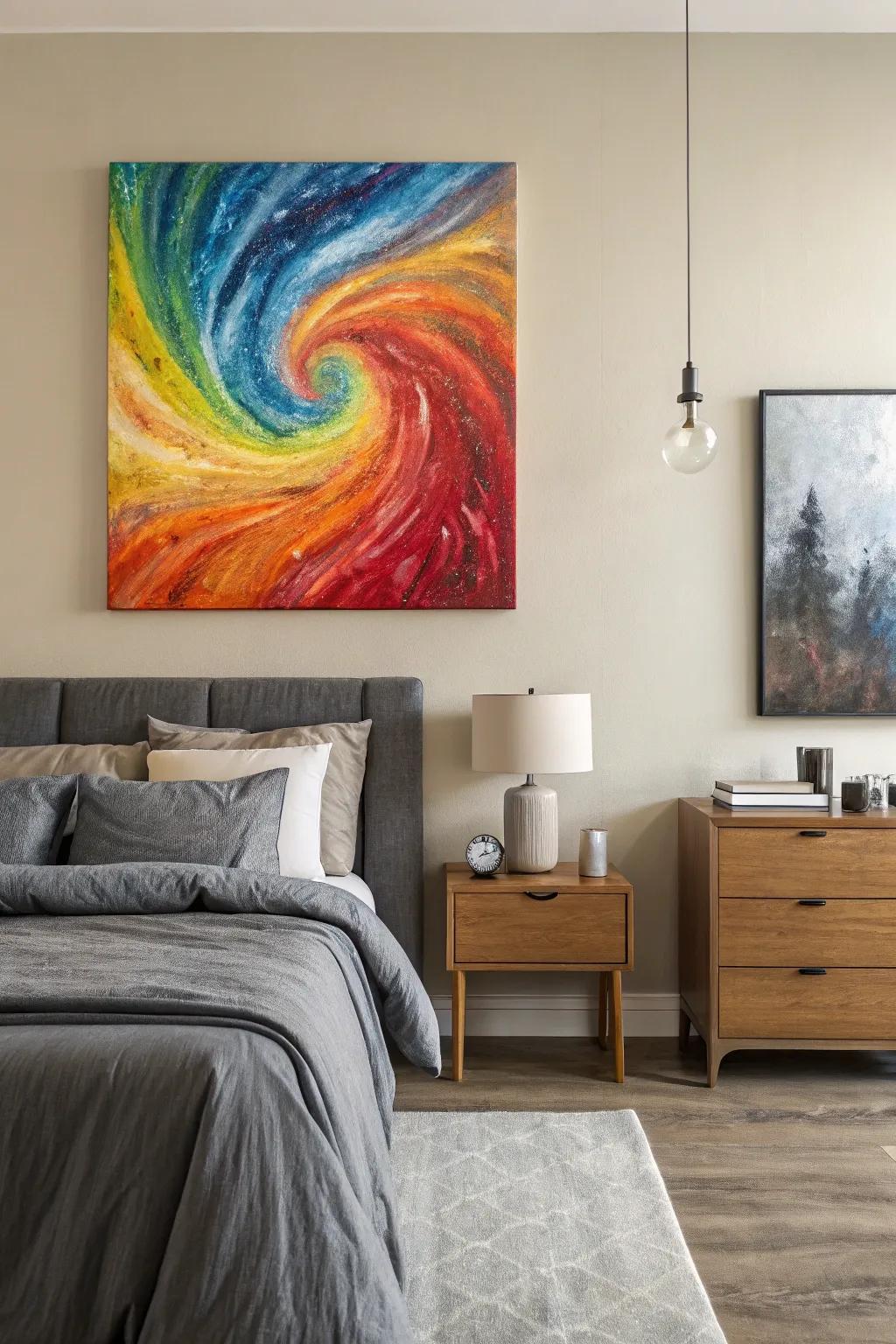 Energize your bedroom with a striking abstract piece.