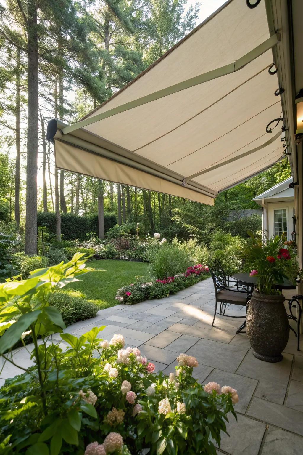 Adjustable fabric awnings provide adaptable protection on sunny days.