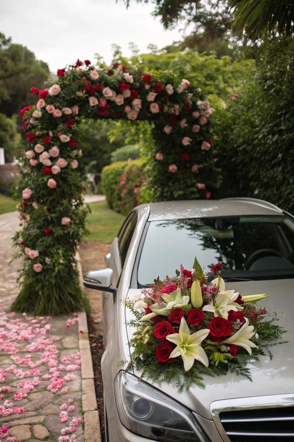 An amazing floral display enhances the elegance of the wedding car's hood.