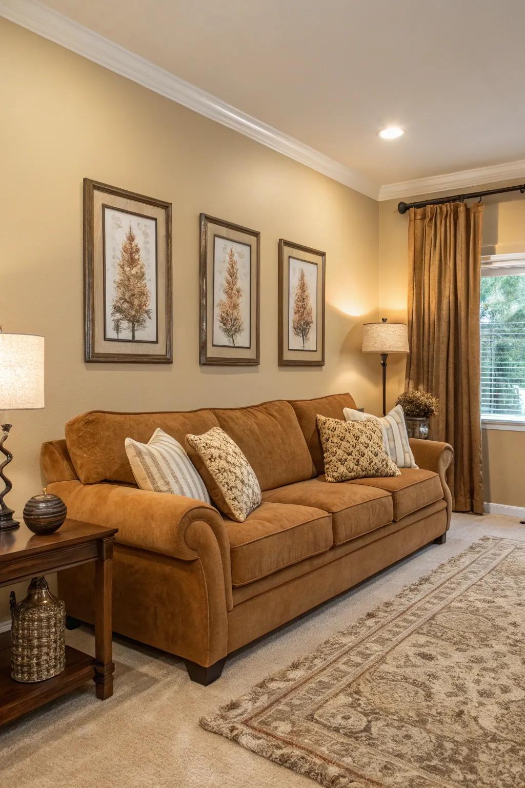 Natural shades enhance the warmth of a butterscotch sofa.