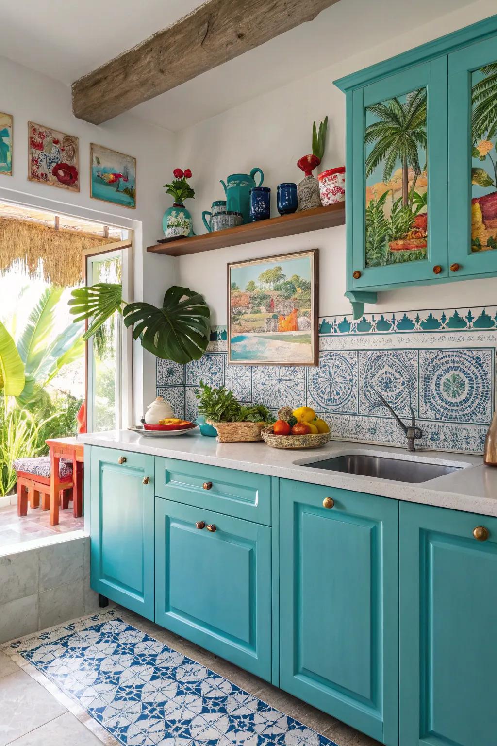 Turquoise cabinets evoke the Caribbean sea right in your kitchen.