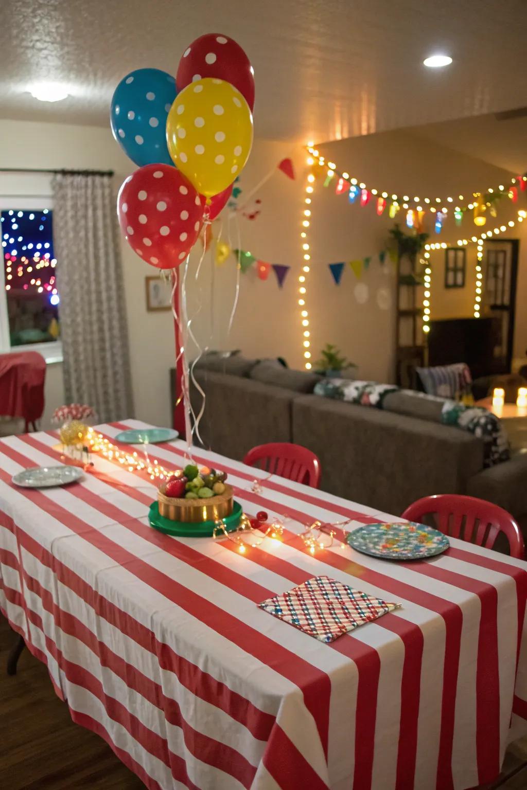 Striped tablecloths create the basis for a playful carnival setting.
