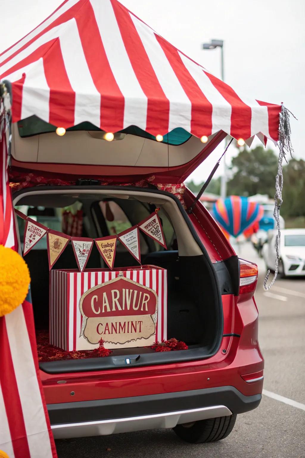 A car trunk reimagined as a classic circus tent, adorned with lively red and white stripes.
