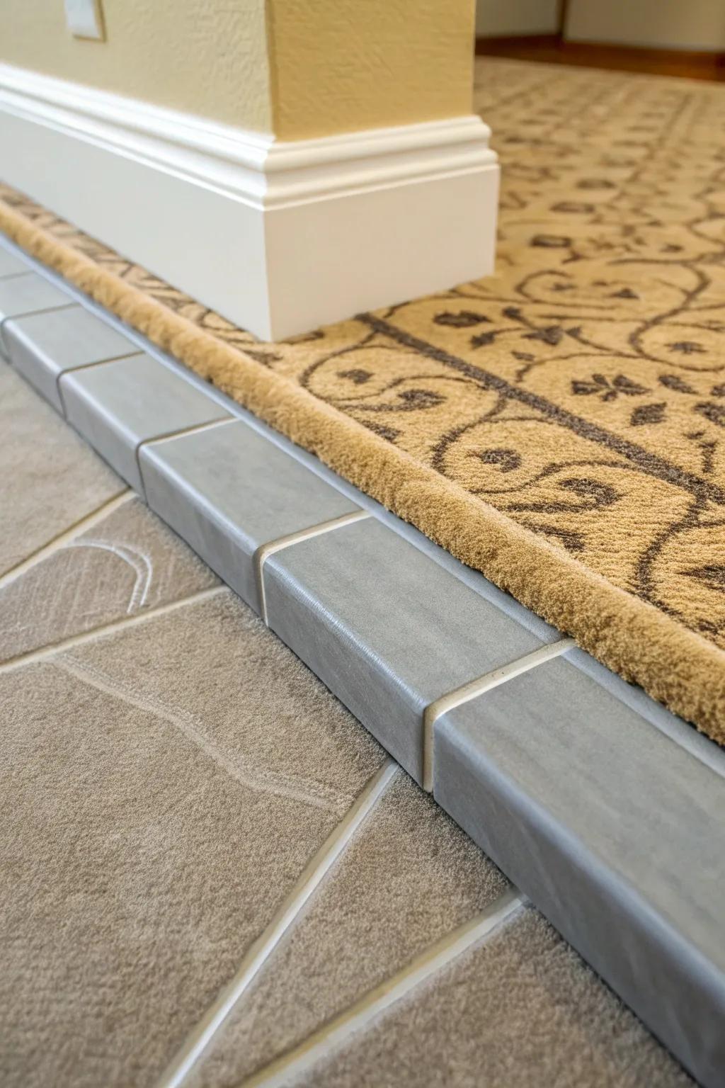A flawlessly tucked-in junction between carpet and tile