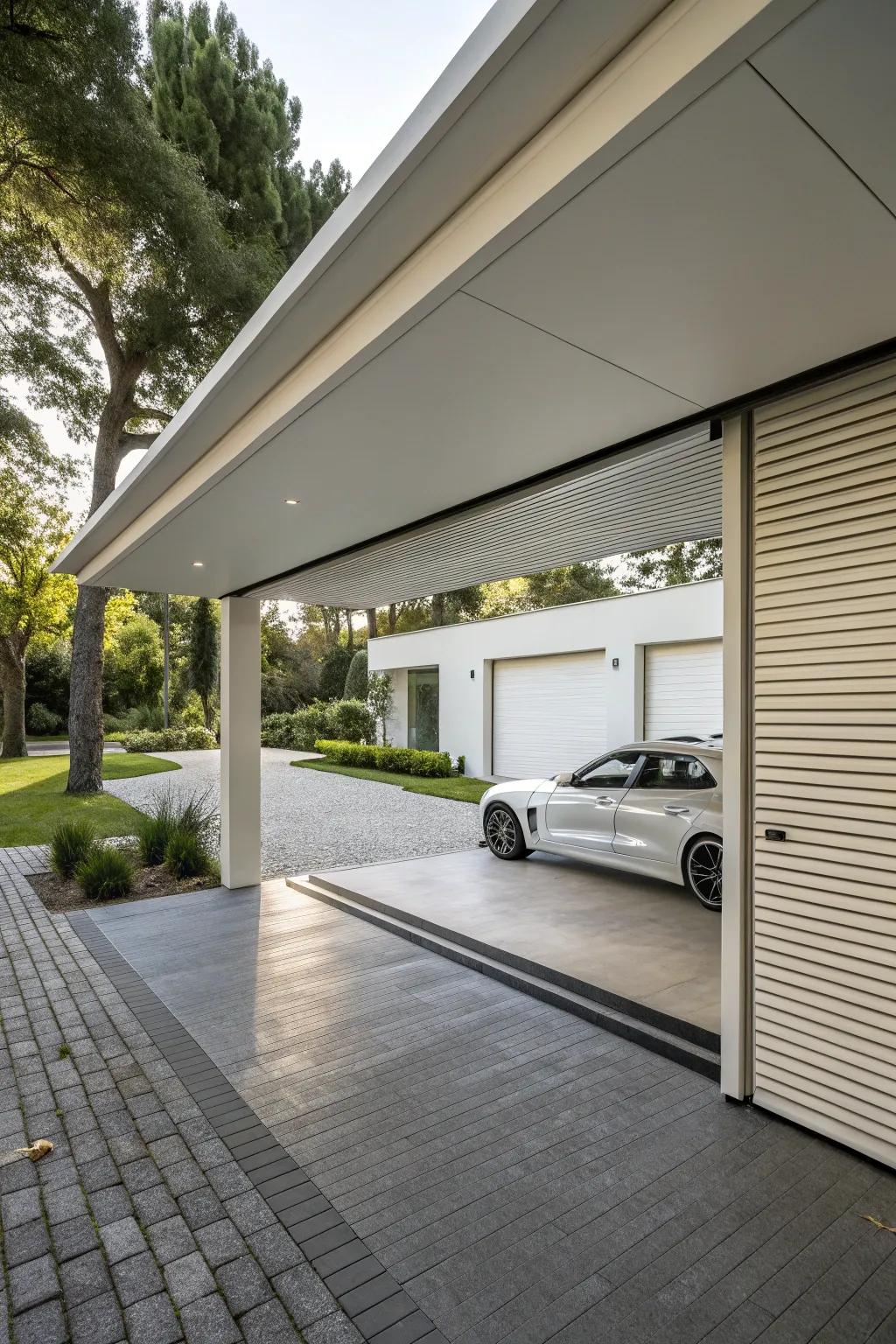 A carport with stylish roll-up doors that blend in with the surrounding modern architecture.