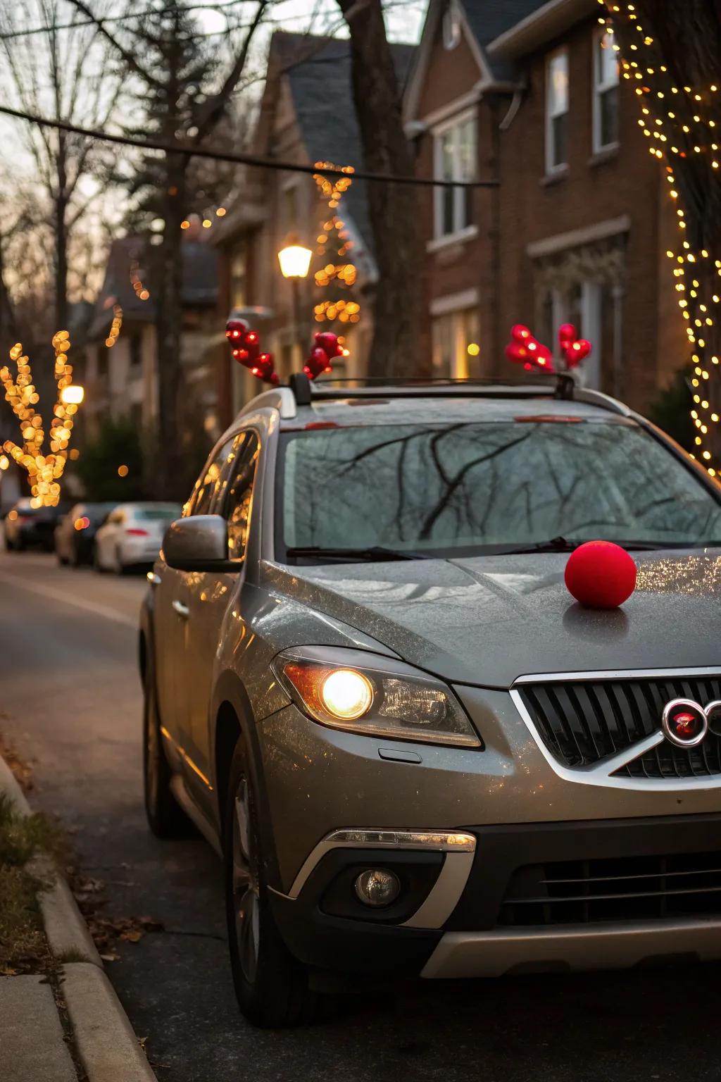 A car remodeled as a reindeer, poised to guide Santa’s sleigh.