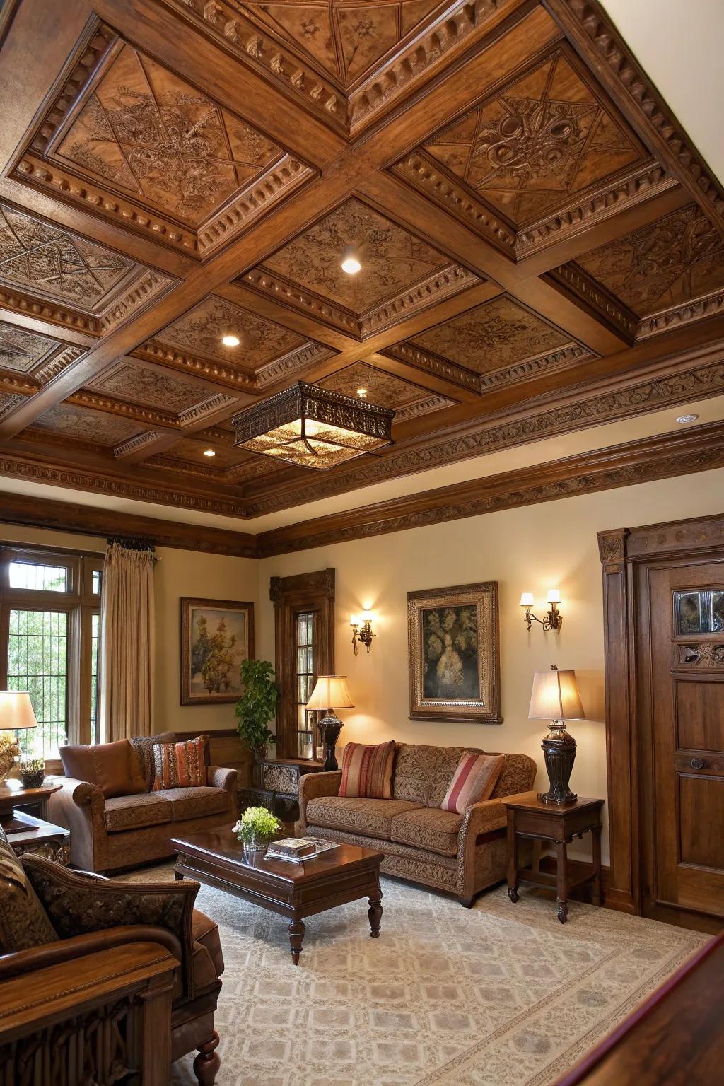 A living room displaying a beautifully designed patterned coffered ceiling.