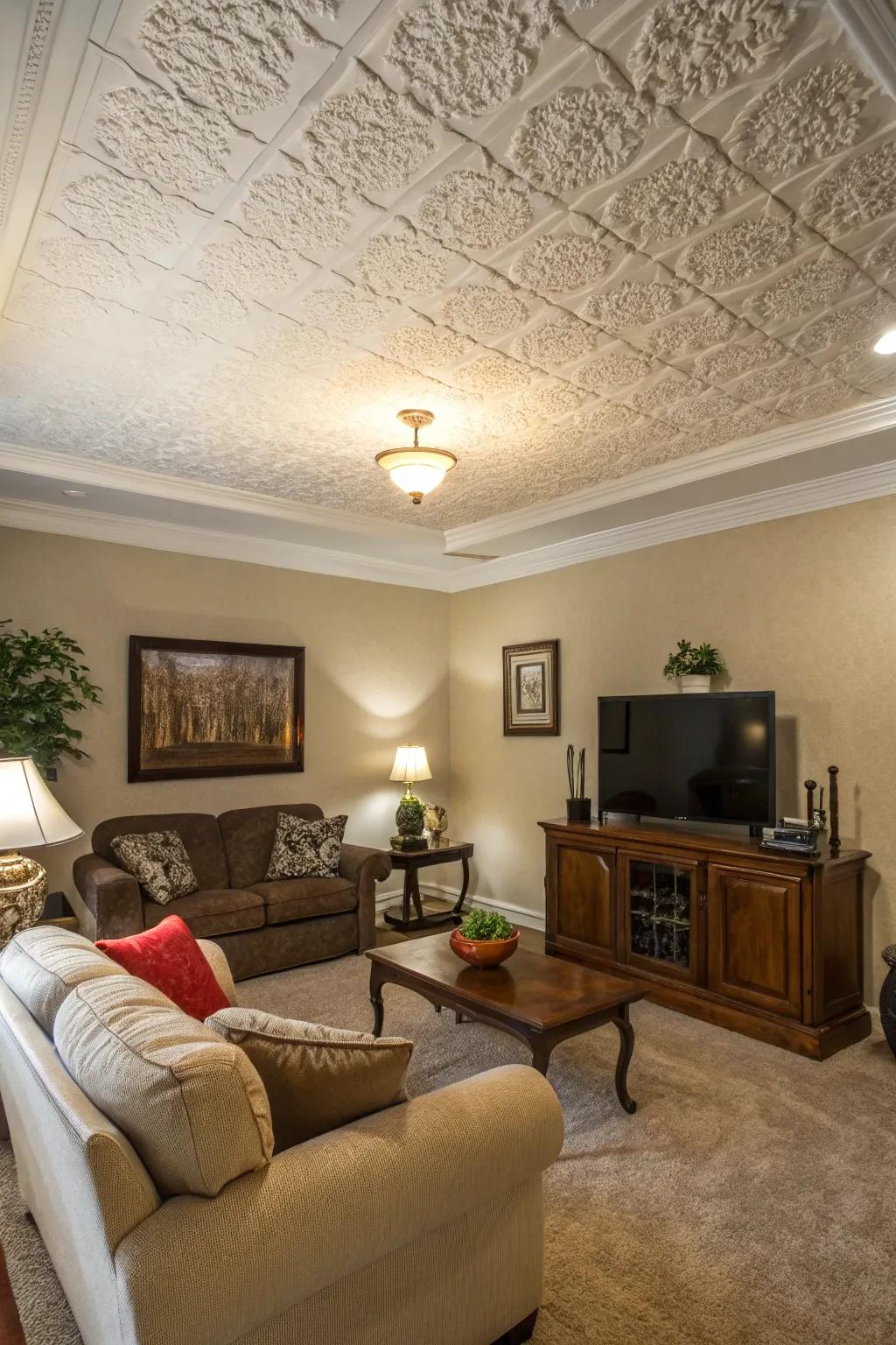 Appreciate the comforting and reminiscent vibe of a traditional popcorn ceiling.