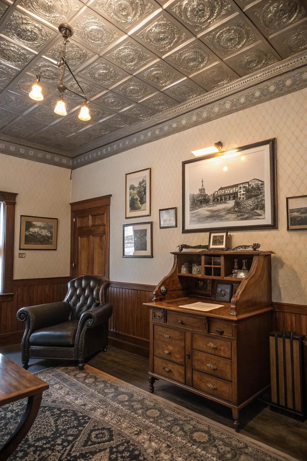 A room inspired by vintage design featuring stunning metal ceiling squares.