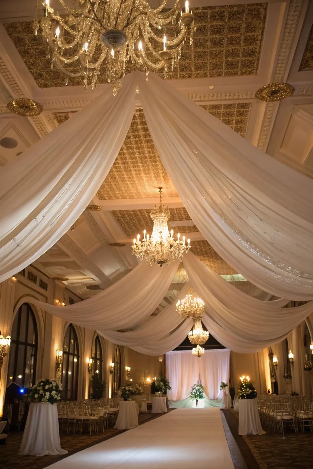Fabric canopies evoke a gentle, romantic atmosphere.