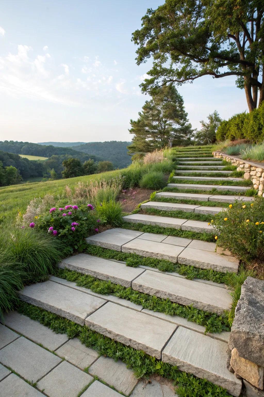 A perfect mix of concrete steps and grassy inlays for a natural aesthetic.