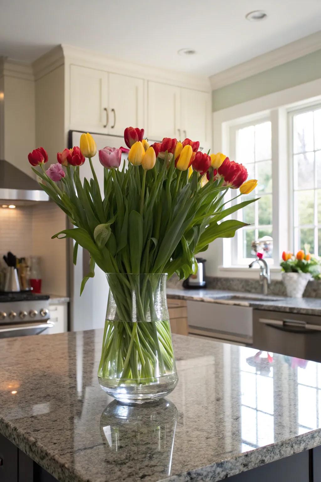 Elevate your kitchen island's charm with a vessel of seasonal daffodils.