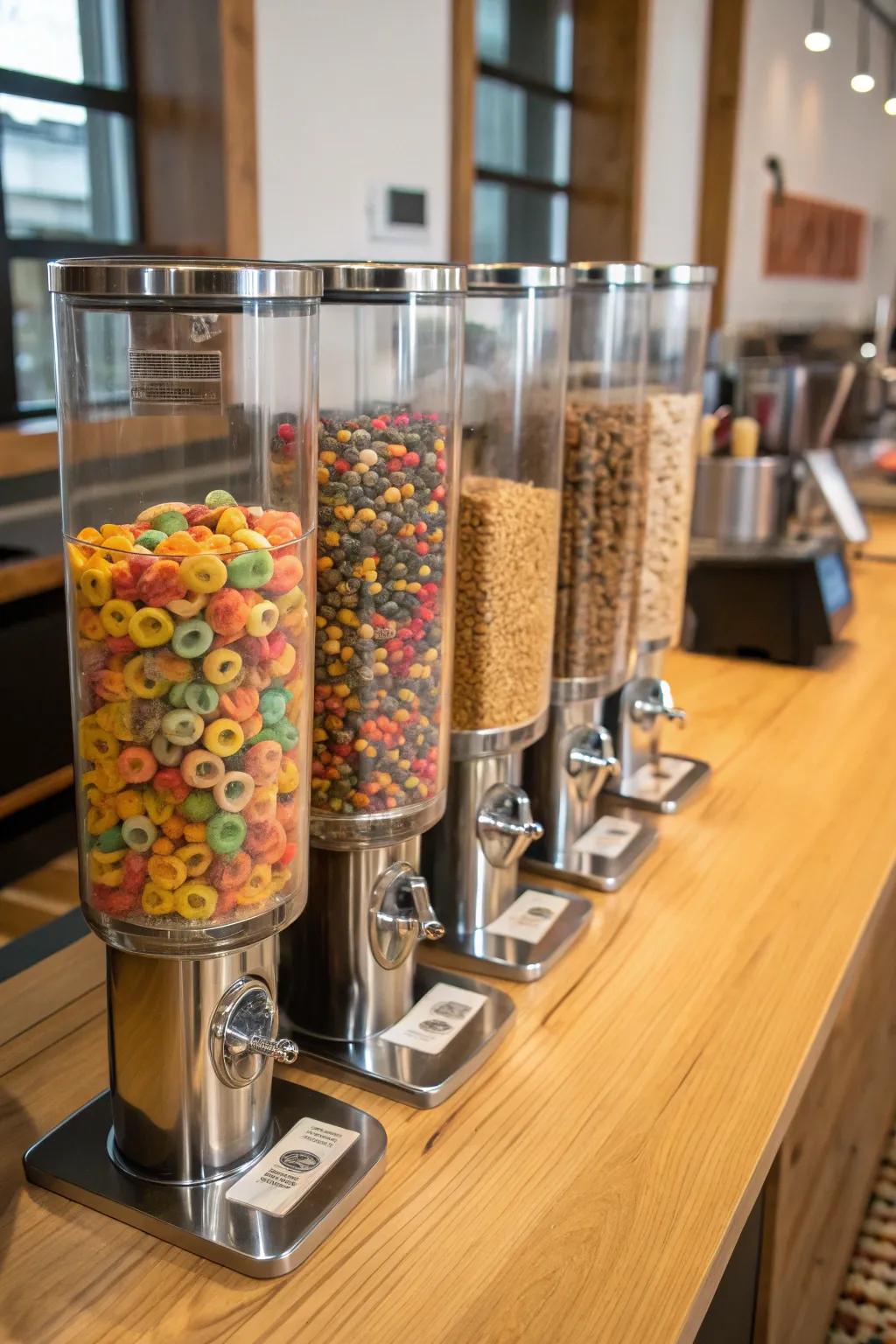 See-through dispensers for a well-kept and sorted cereal station.