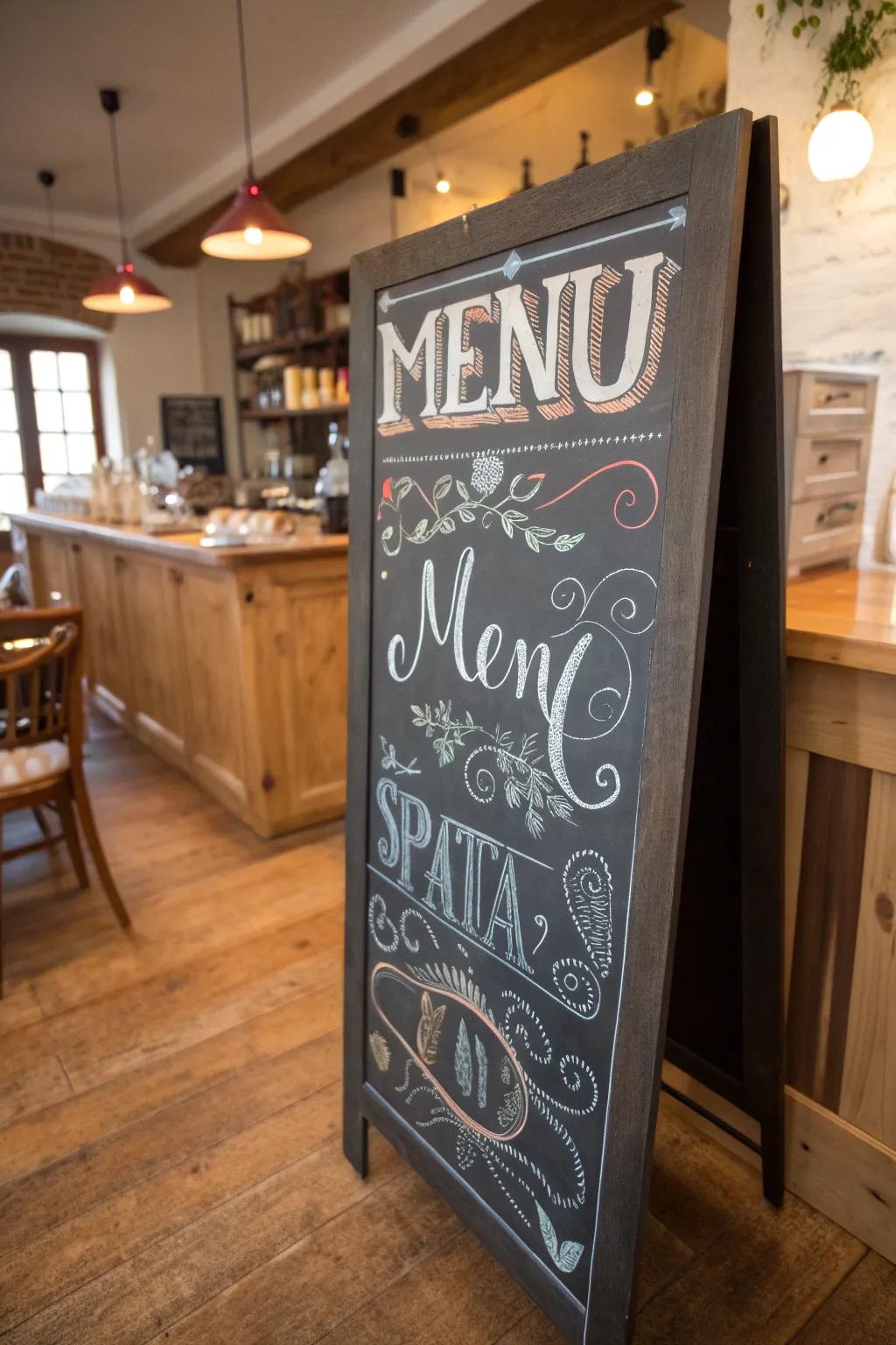 A chalkboard featuring a variety of decorative fonts, adding flair to a kitchen menu.