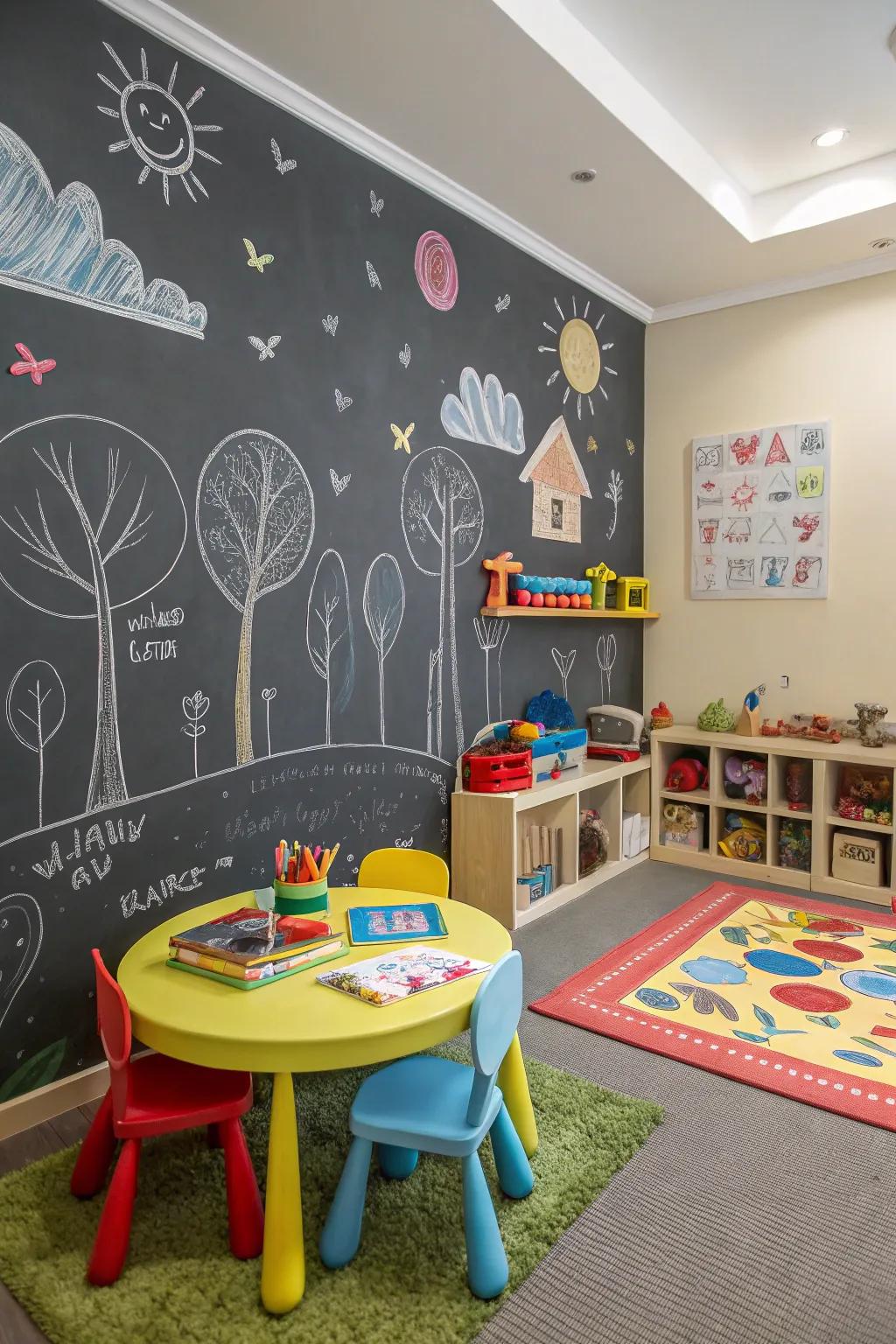 An entire wall covered in chalkboard paint, inviting continuous artistic expression.