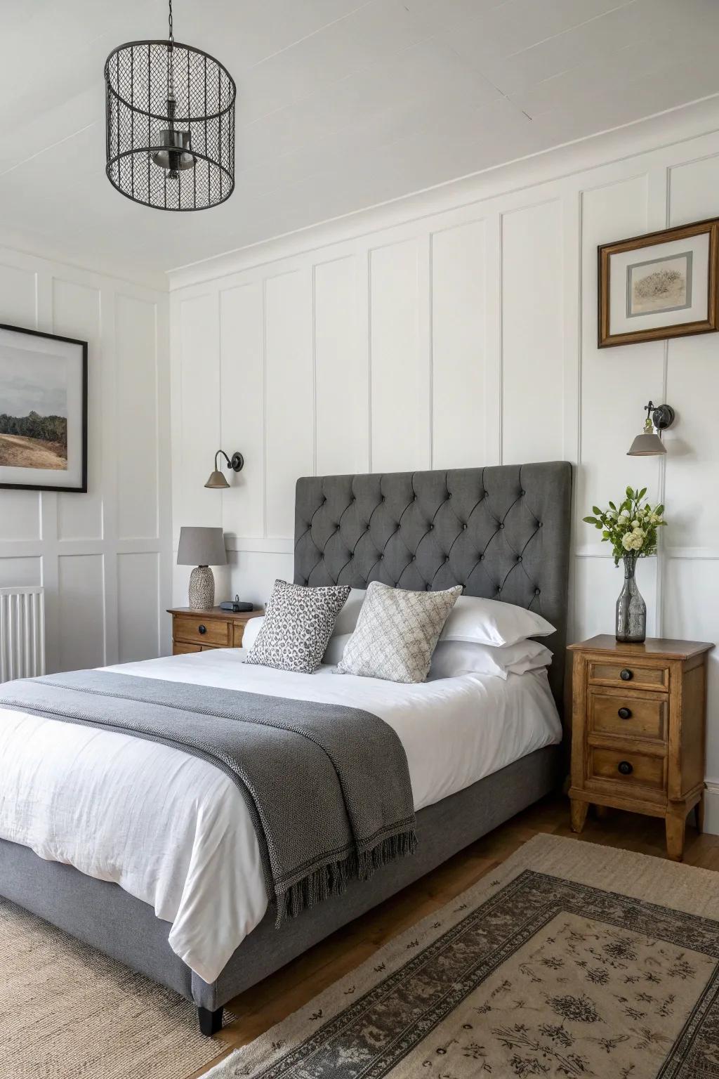 Dark slate grey headboard displayed against spotless white walls for a pristine, modern aesthetic.