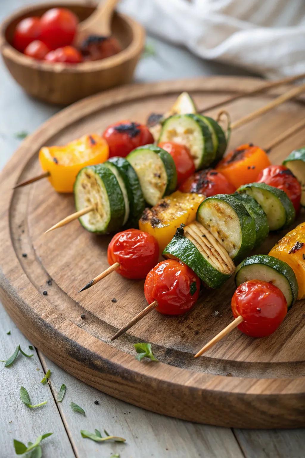 Colorful, mouth-watering veggie skewers ready to be grilled.
