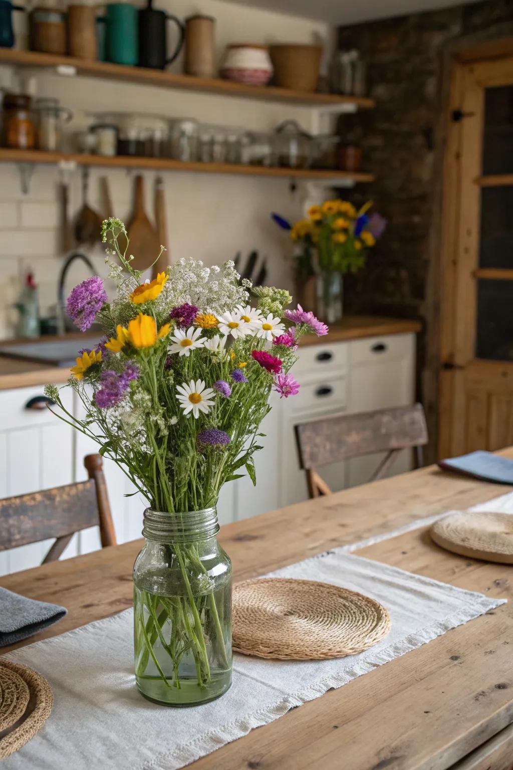 Repurposing old glass jars as charming vases for wildflowers.