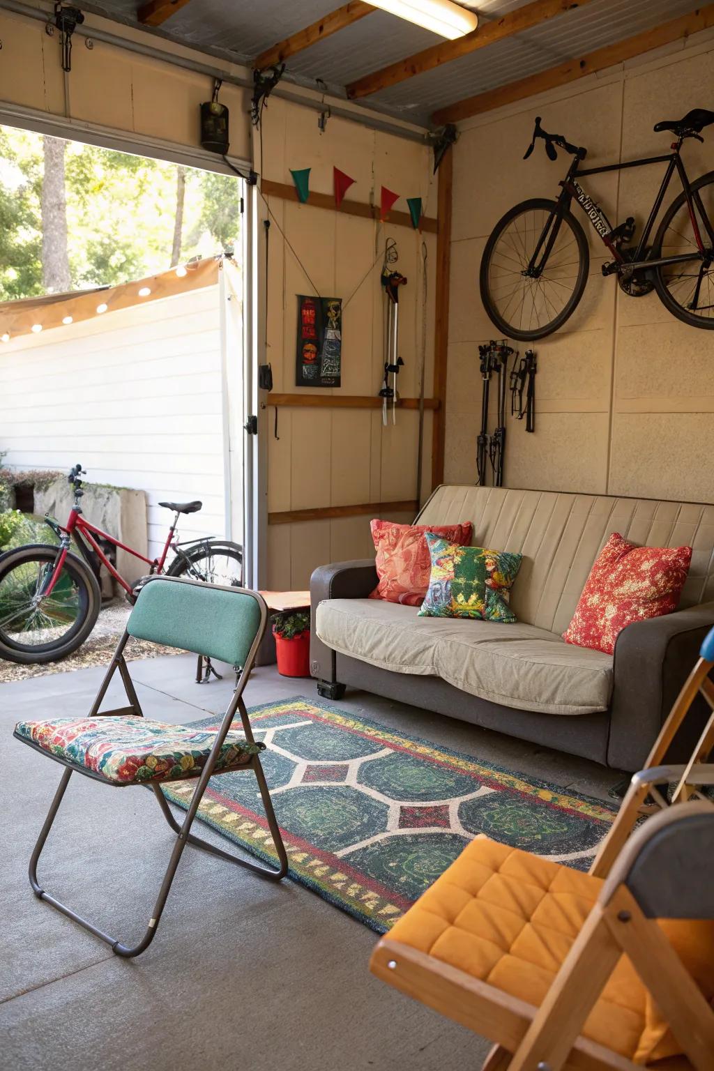 A comfy seating spot is central to your transformed garage.