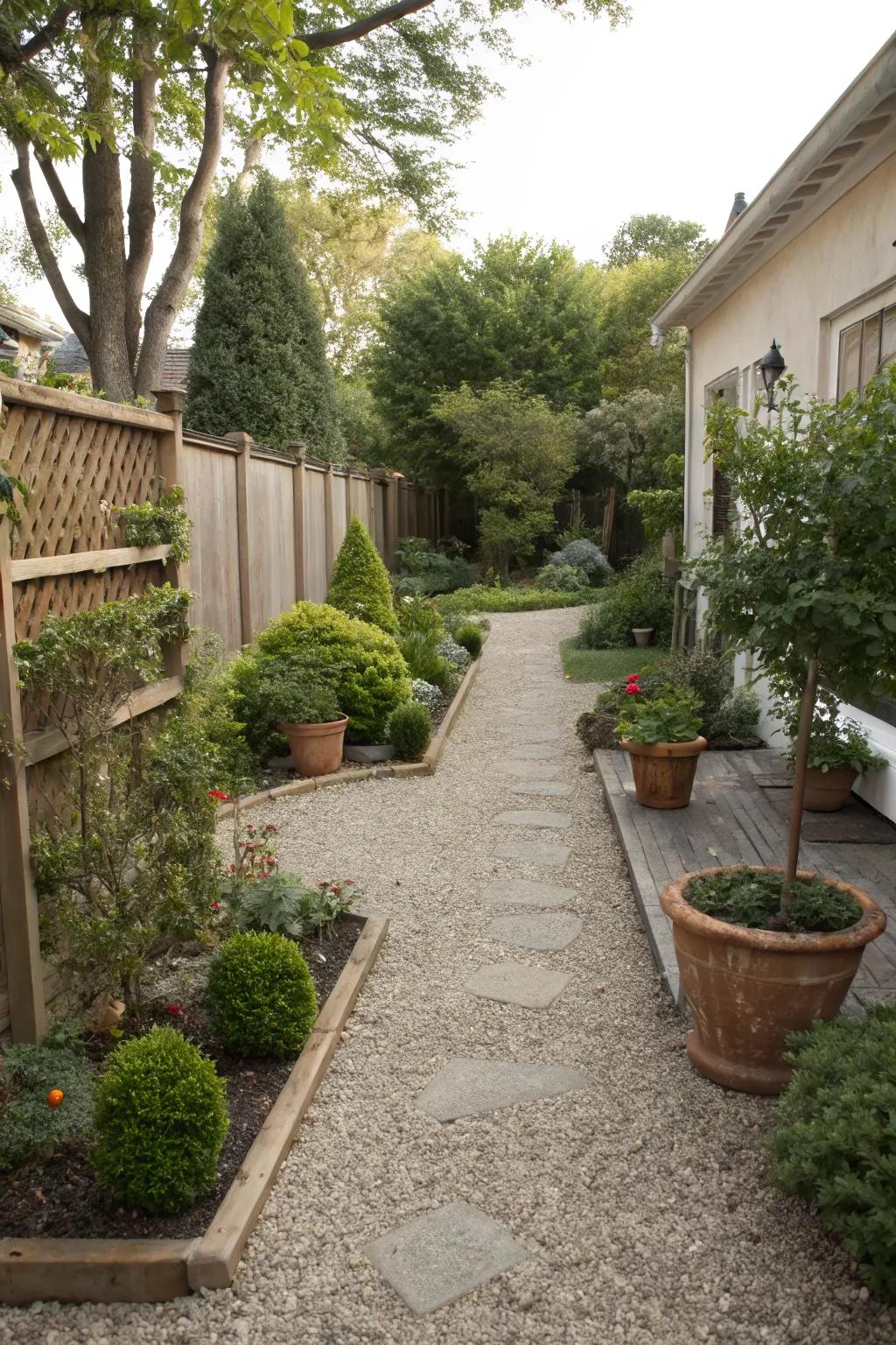 Gravel walkways craft a well-defined and elegant aesthetic for any backyard.