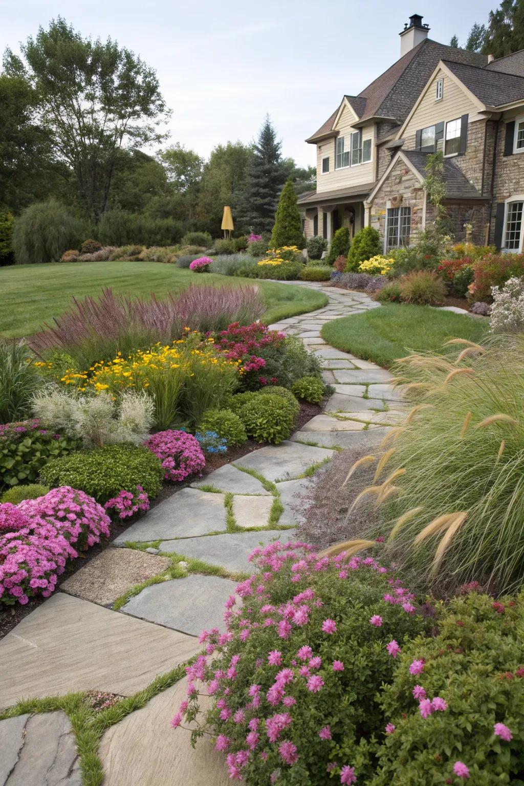 Stone walkways enhance the aesthetics and usability of a yard without grass.