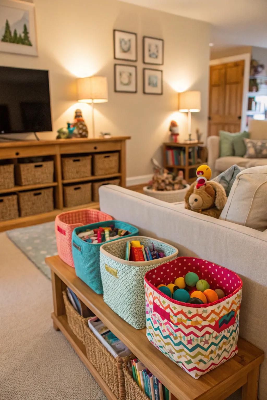Utilize containers to ensure toys are neatly arranged and readily reachable.