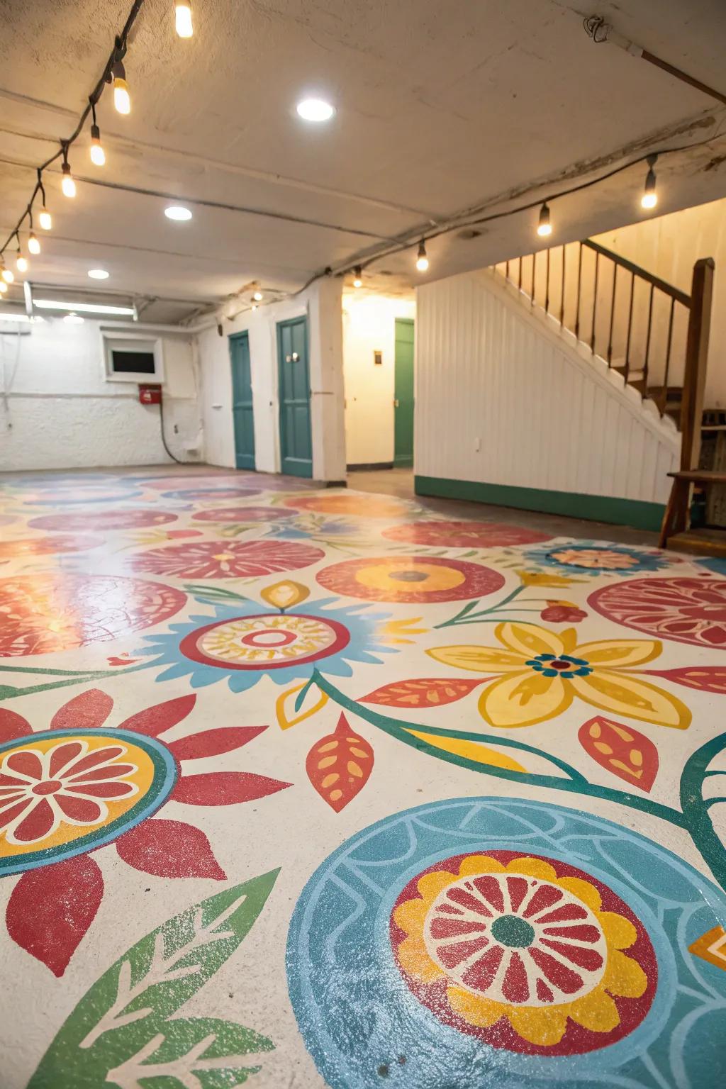A burst of color can transform simple concrete into a dynamic basement floor.