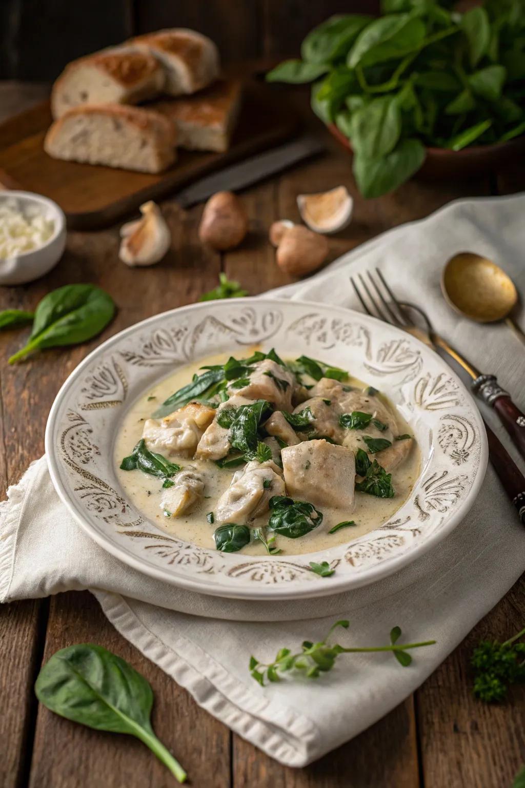 Garlic cream chicken with spinach, a comforting dinner option.