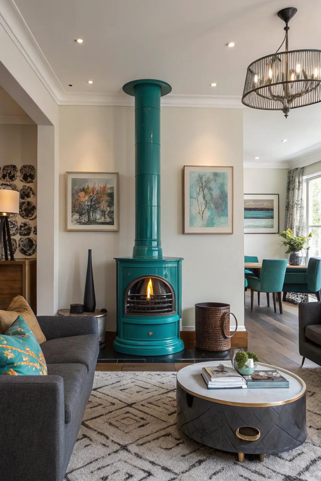 A vibrant aquamarine chimney serves as a captivating point of interest in this contemporary area.