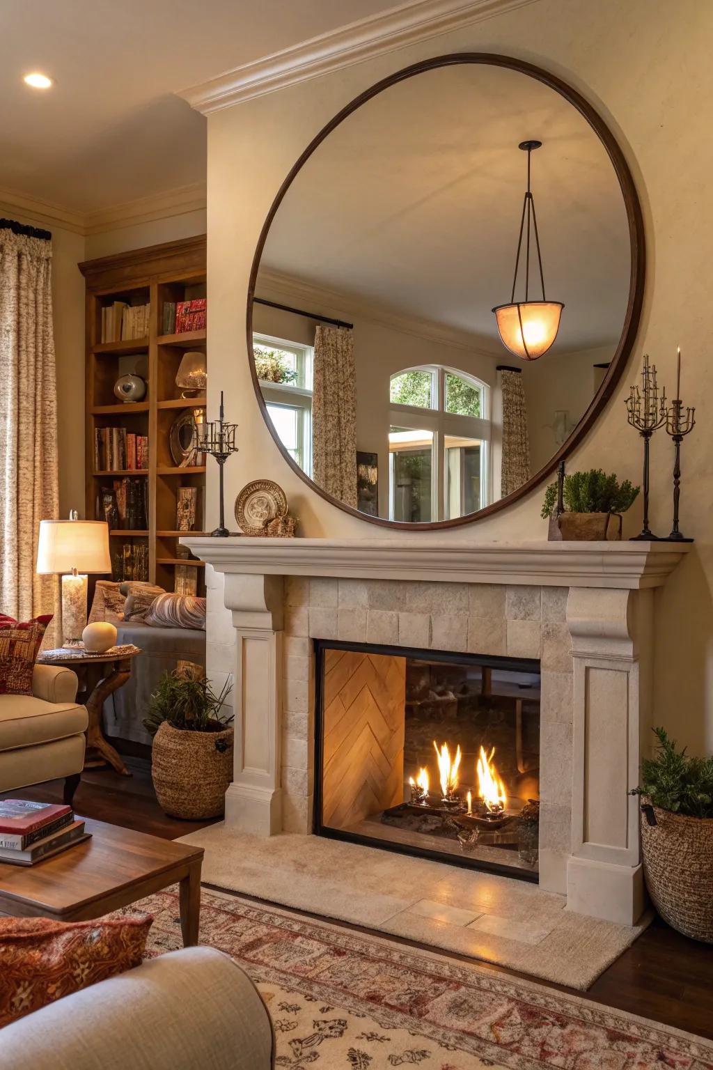 The circular looking glass positioned above the fireplace creates an expansive feel while adding a refined layer to the space.