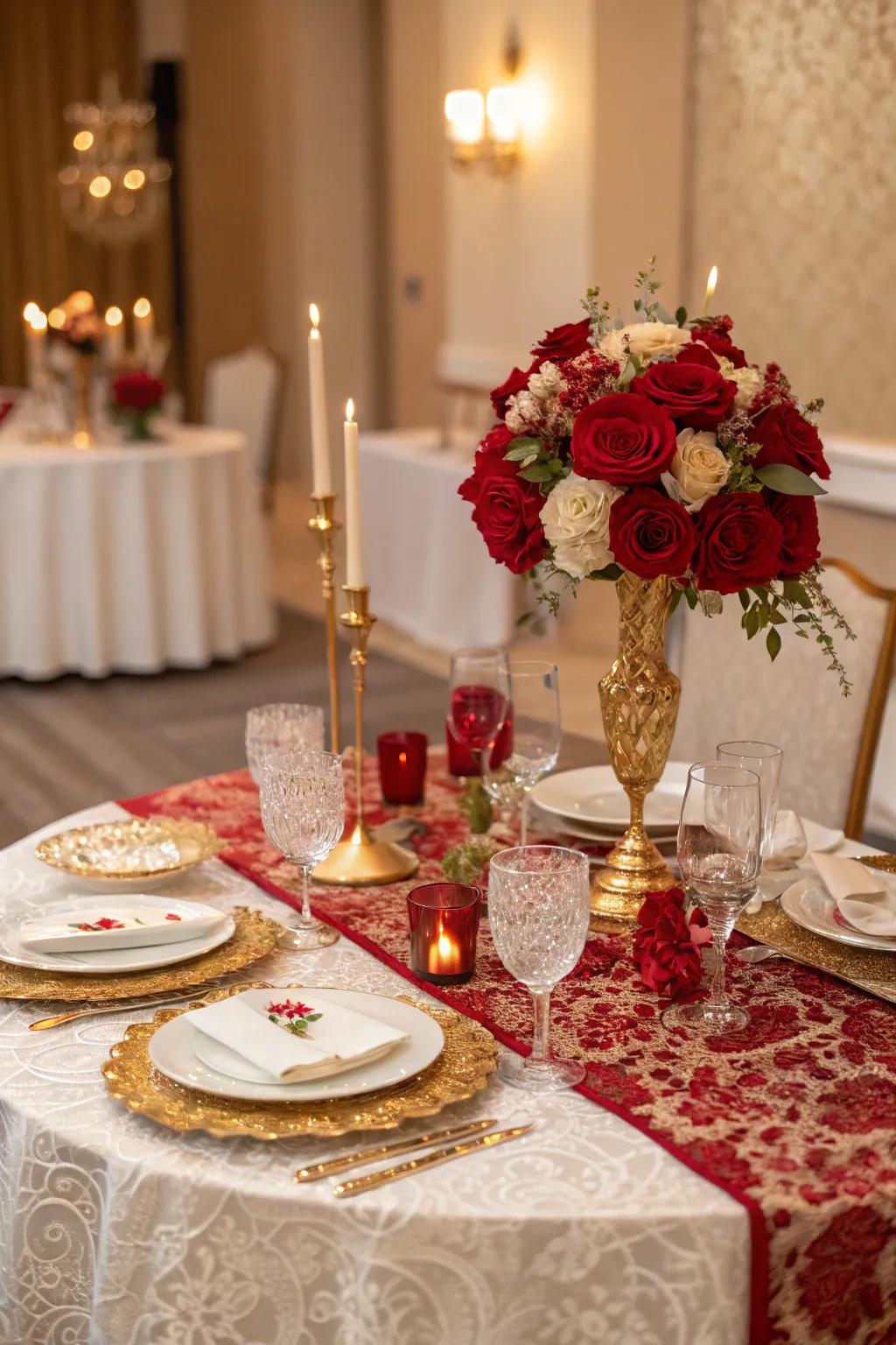 An exquisite table arrangement featuring classic Chinese color highlights.