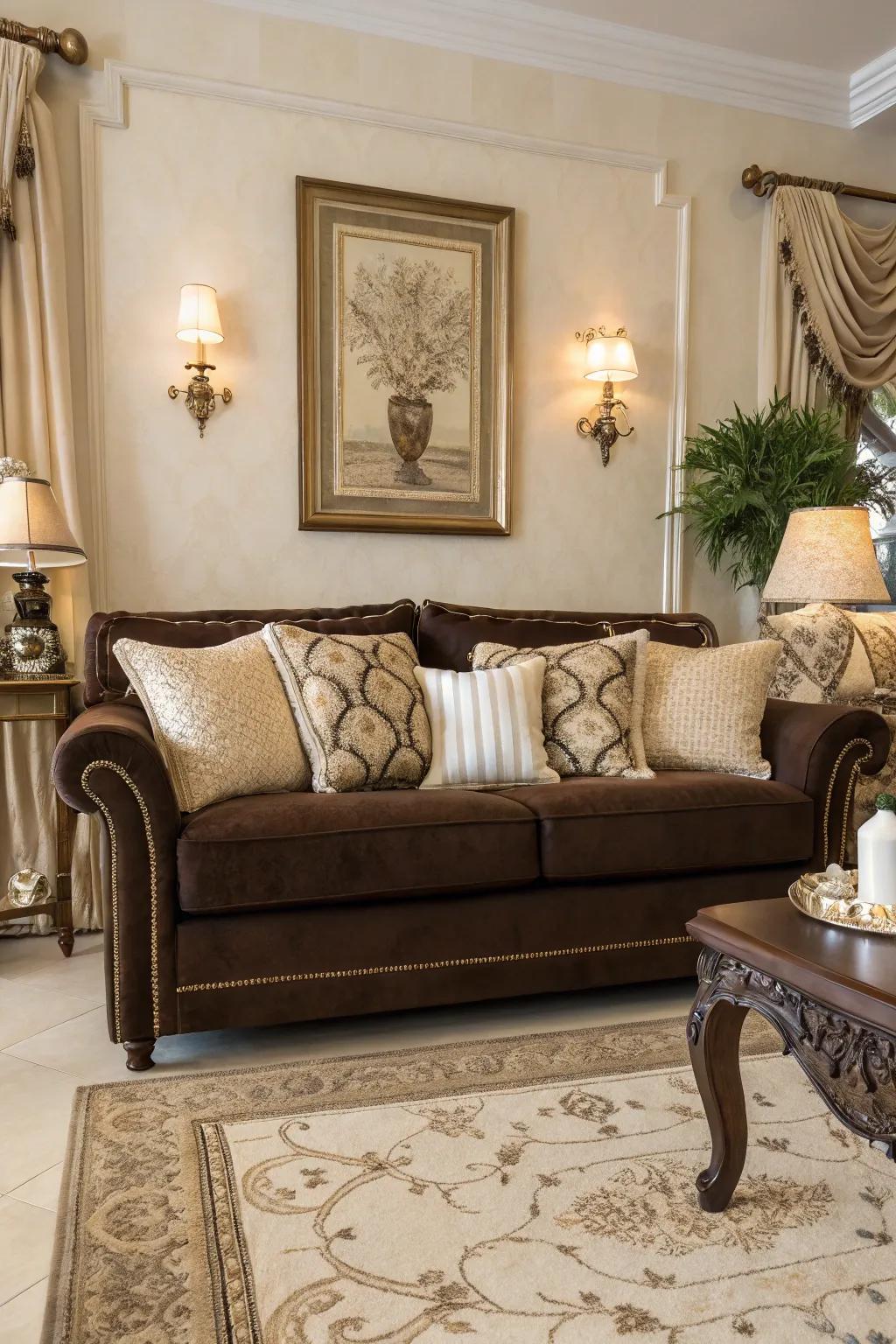 Gentle neutral tones embrace a cocoa sofa, creating a tranquil and welcoming space.
