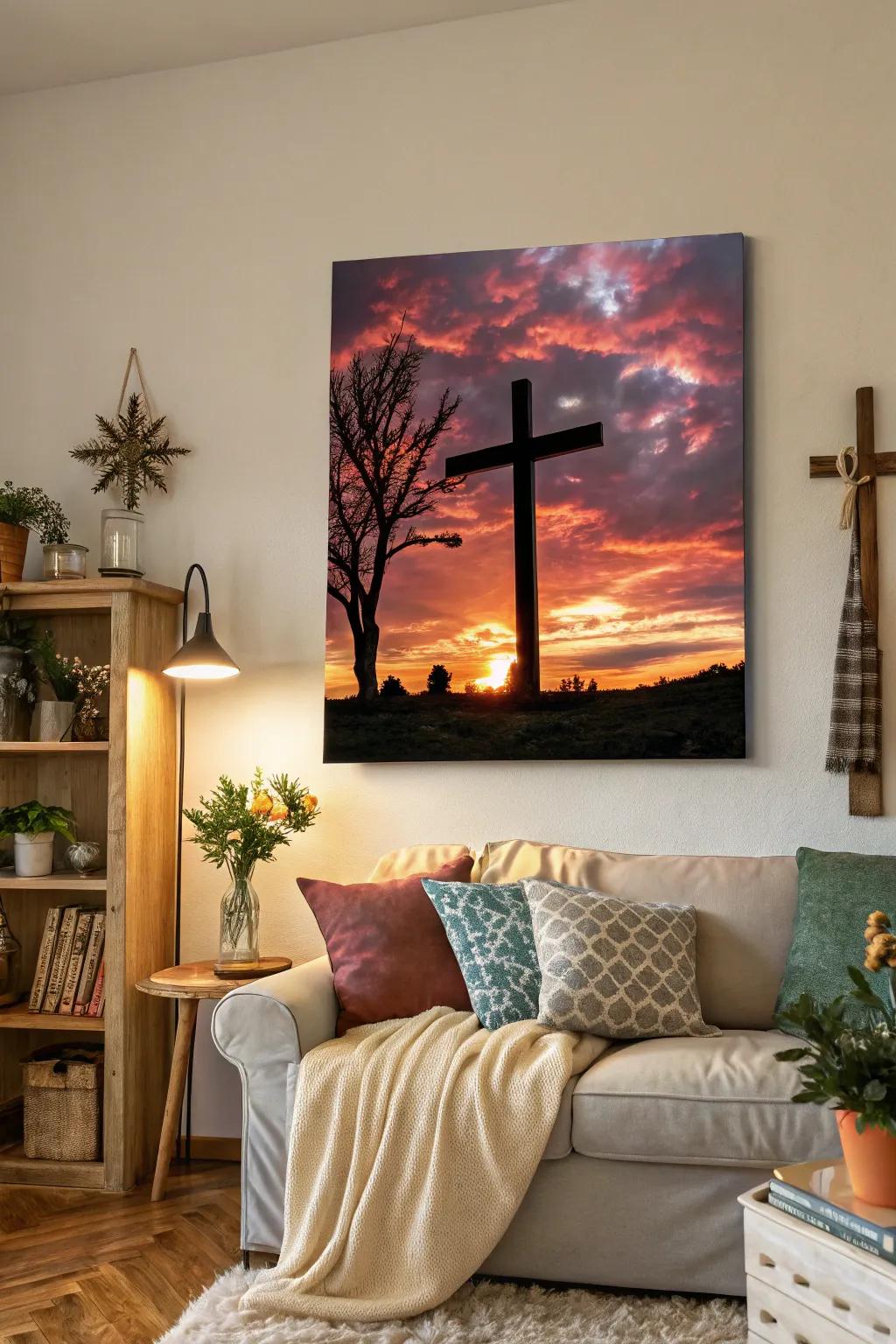 A cross against a sunset infuses a room with warmth and faith.