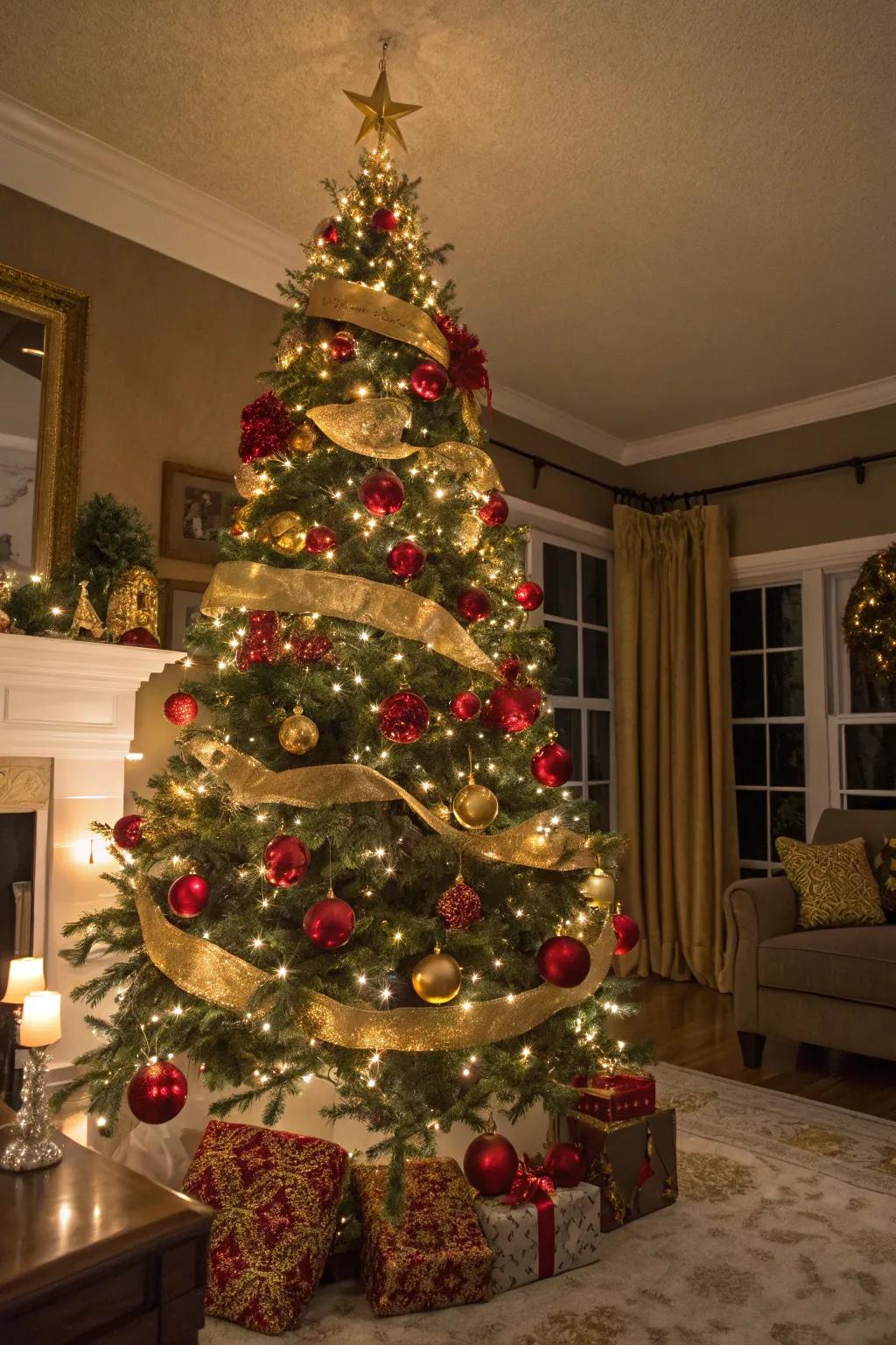 A quintessential scarlet and gilded Christmas bauble tree, impeccable for a conventional holiday arrangement.