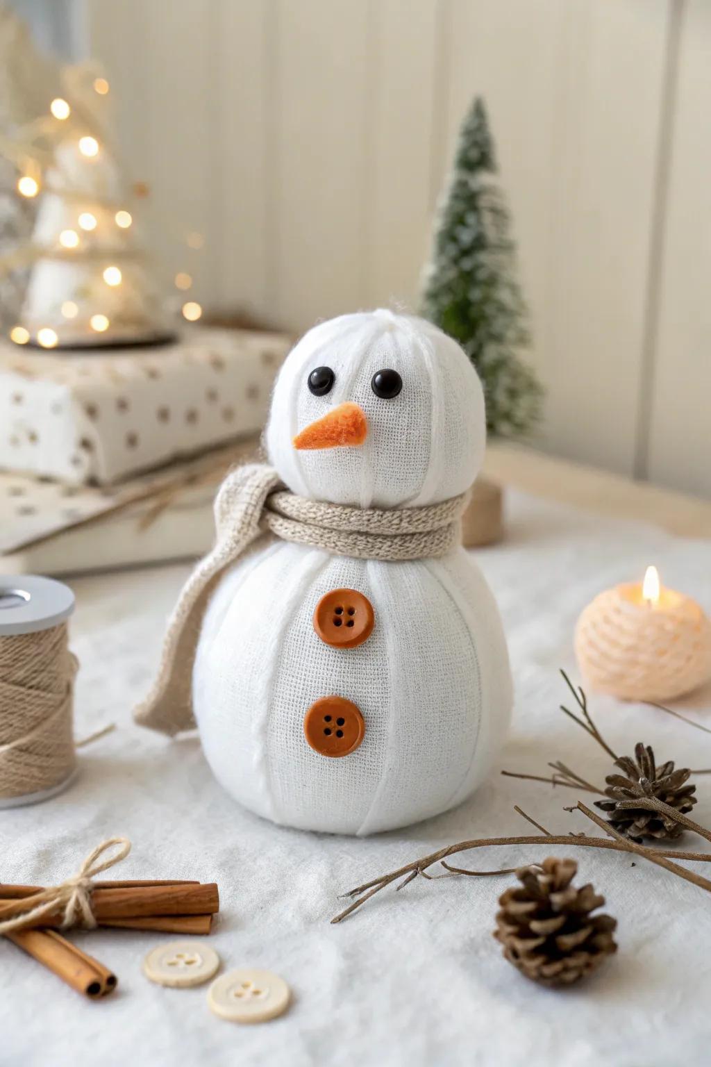 Savor the enchantment of wintertime with this captivating, handcrafted snow buddy — a flawless fusion of straightforwardness and sophistication for your holiday adornments.