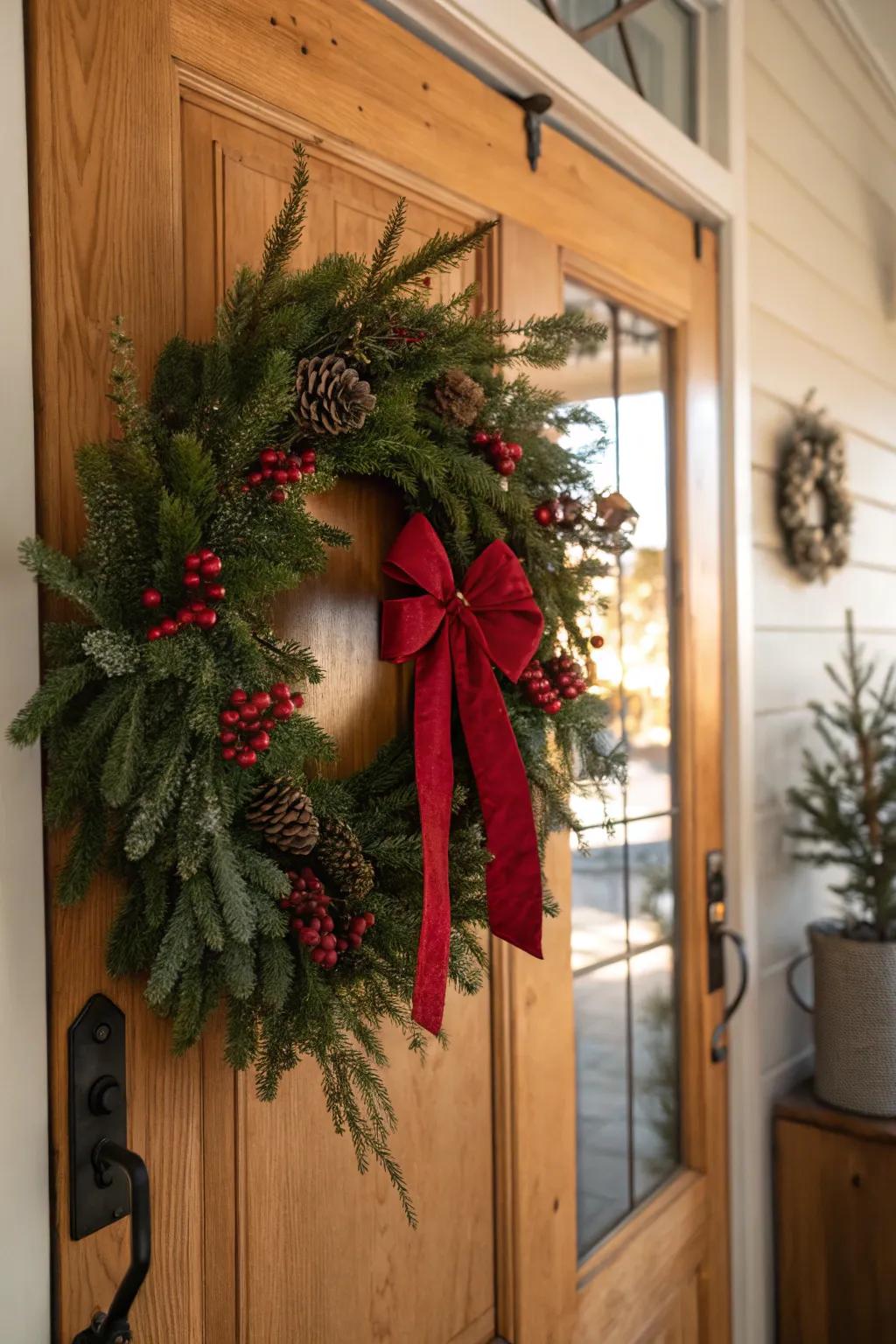 A classic evergreen circle with a strong red ribbon graces this joyful door.