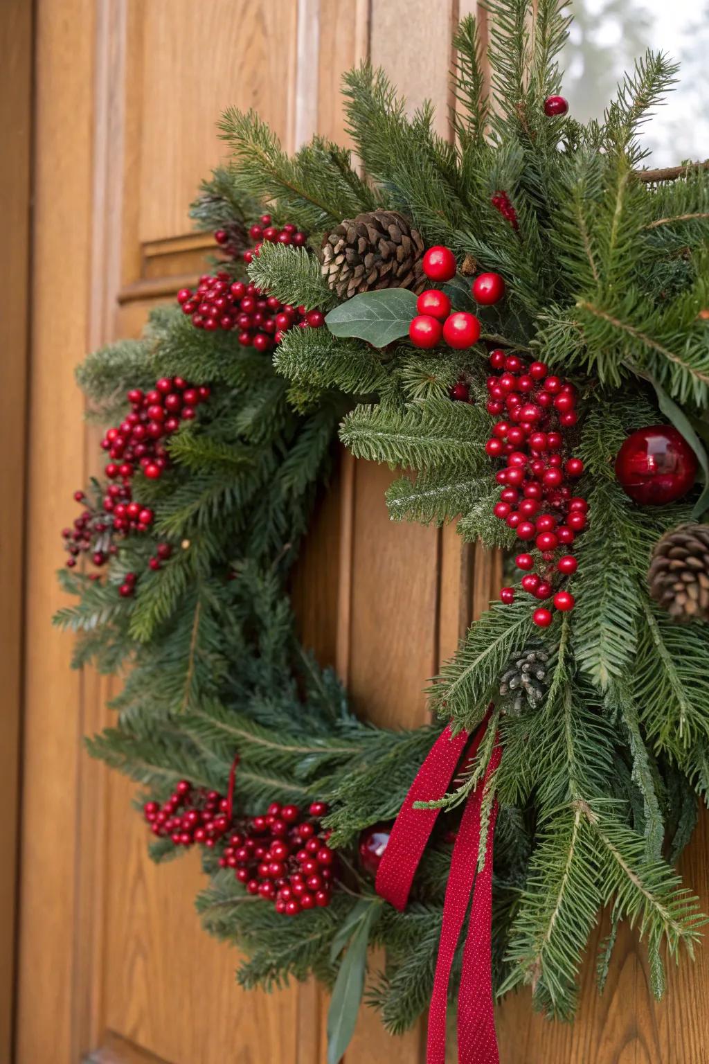 A traditional Christmas wreath featuring pine branches and red berries.