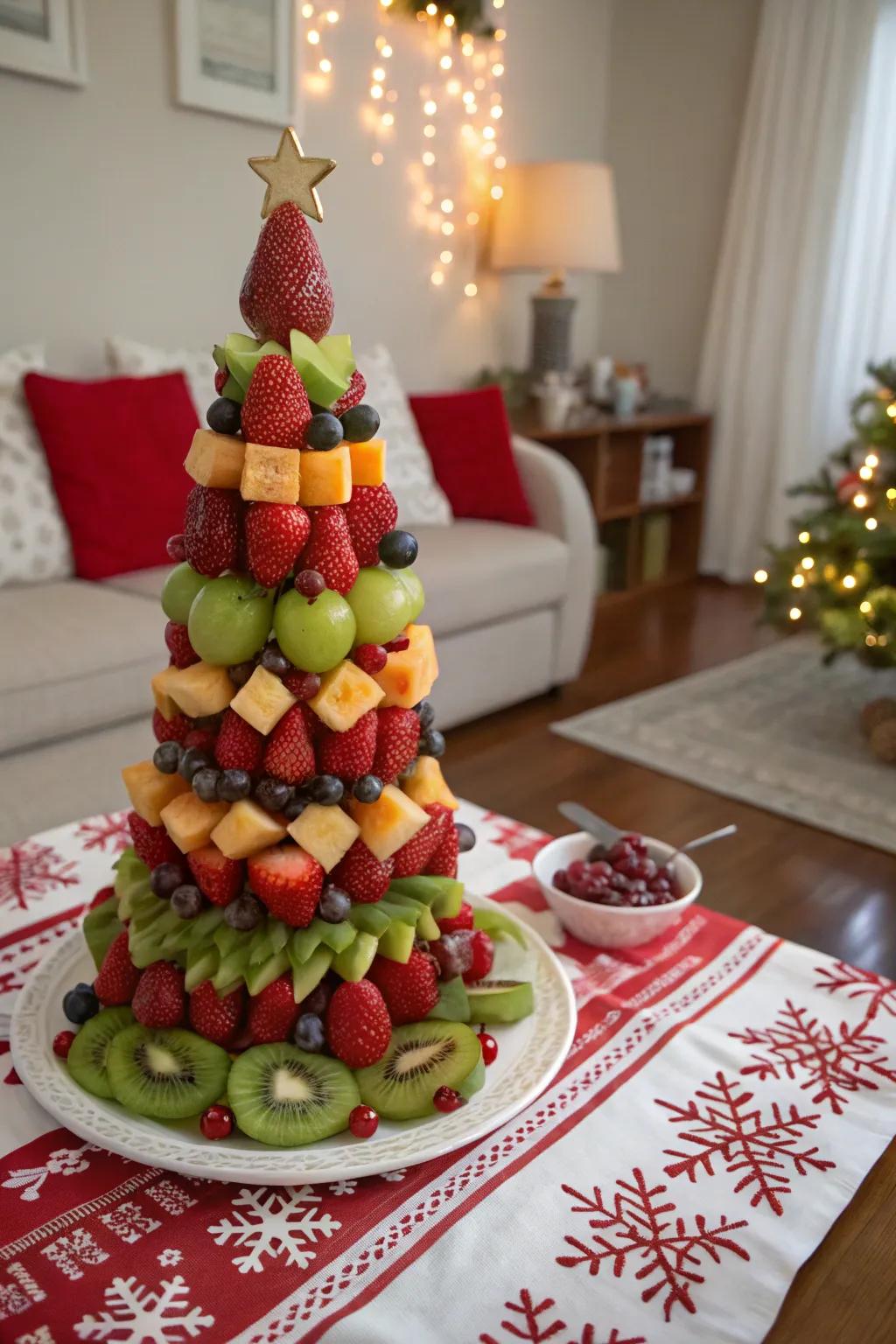 An elegant fruit cone centerpiece designed for your festive dinner setting.
