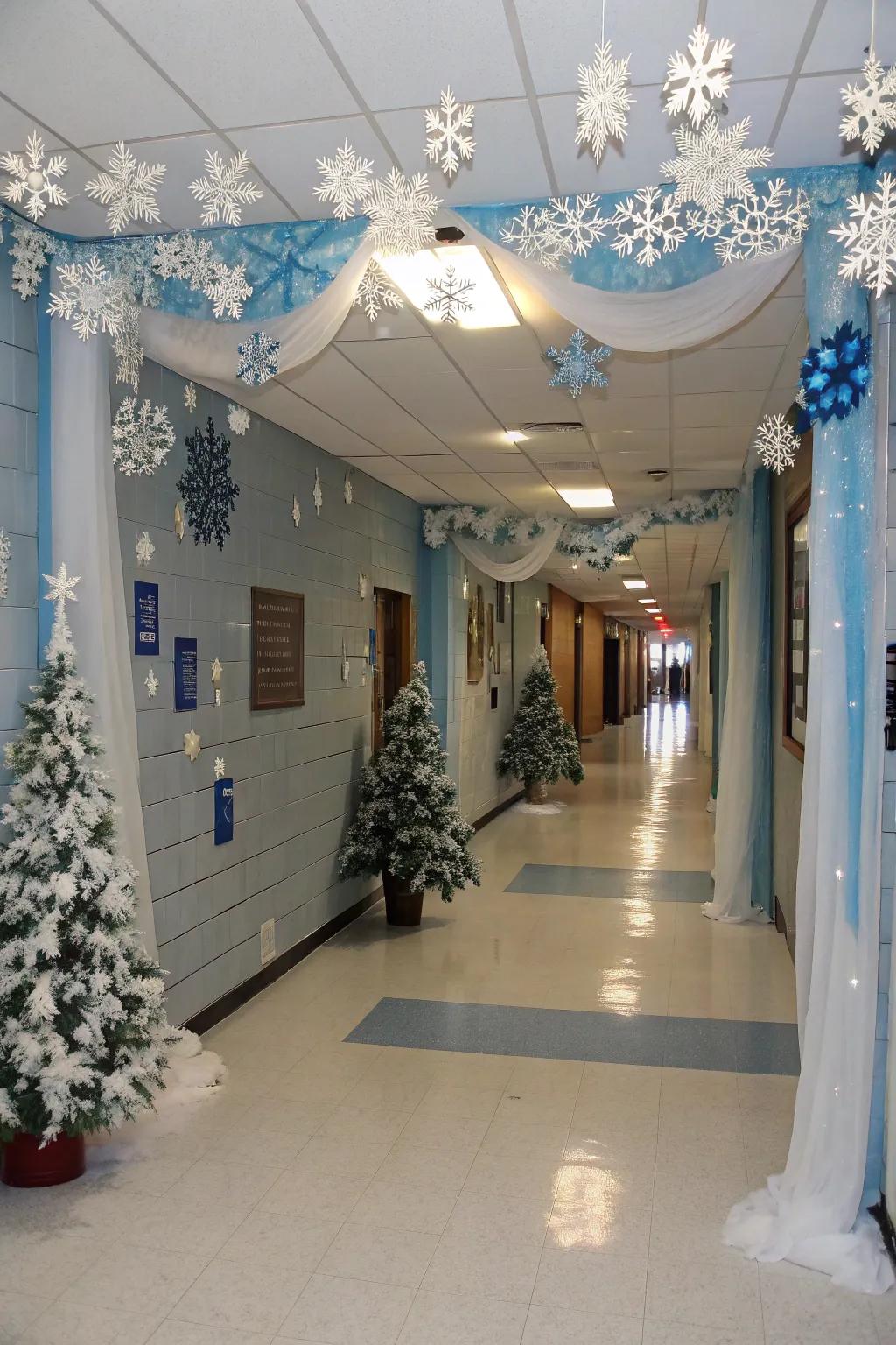 Transport the wonder of winter inside with a hallway decorated with snowflakes.