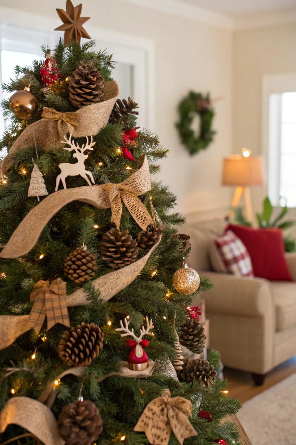 A Christmas tree with a woodland theme radiates rustic appeal.